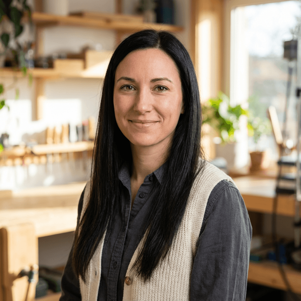 Female program client in her mid 40s with a grounded expression