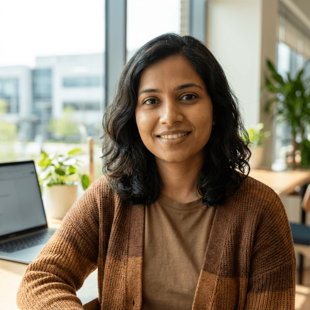Priya Sharma, a warm woman in her early 30s, natural light portrait