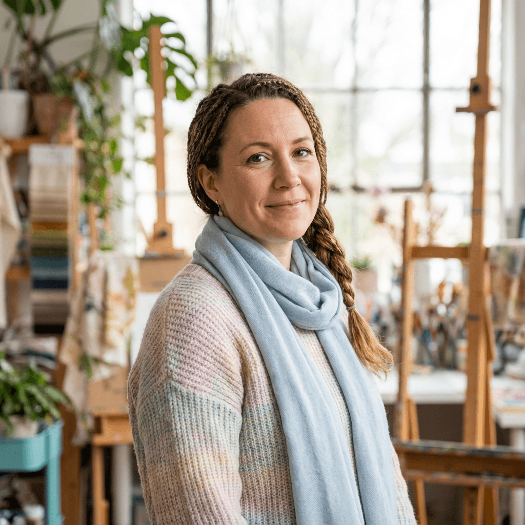 Margaret Ellison, a relaxed woman in her early 50s, natural light portrait