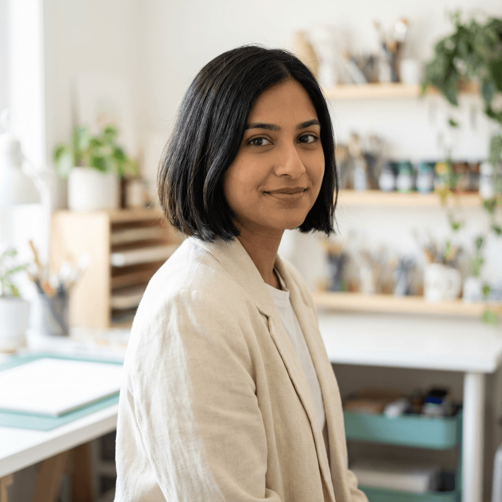 Female coaching client in her mid 30s with a calm expression