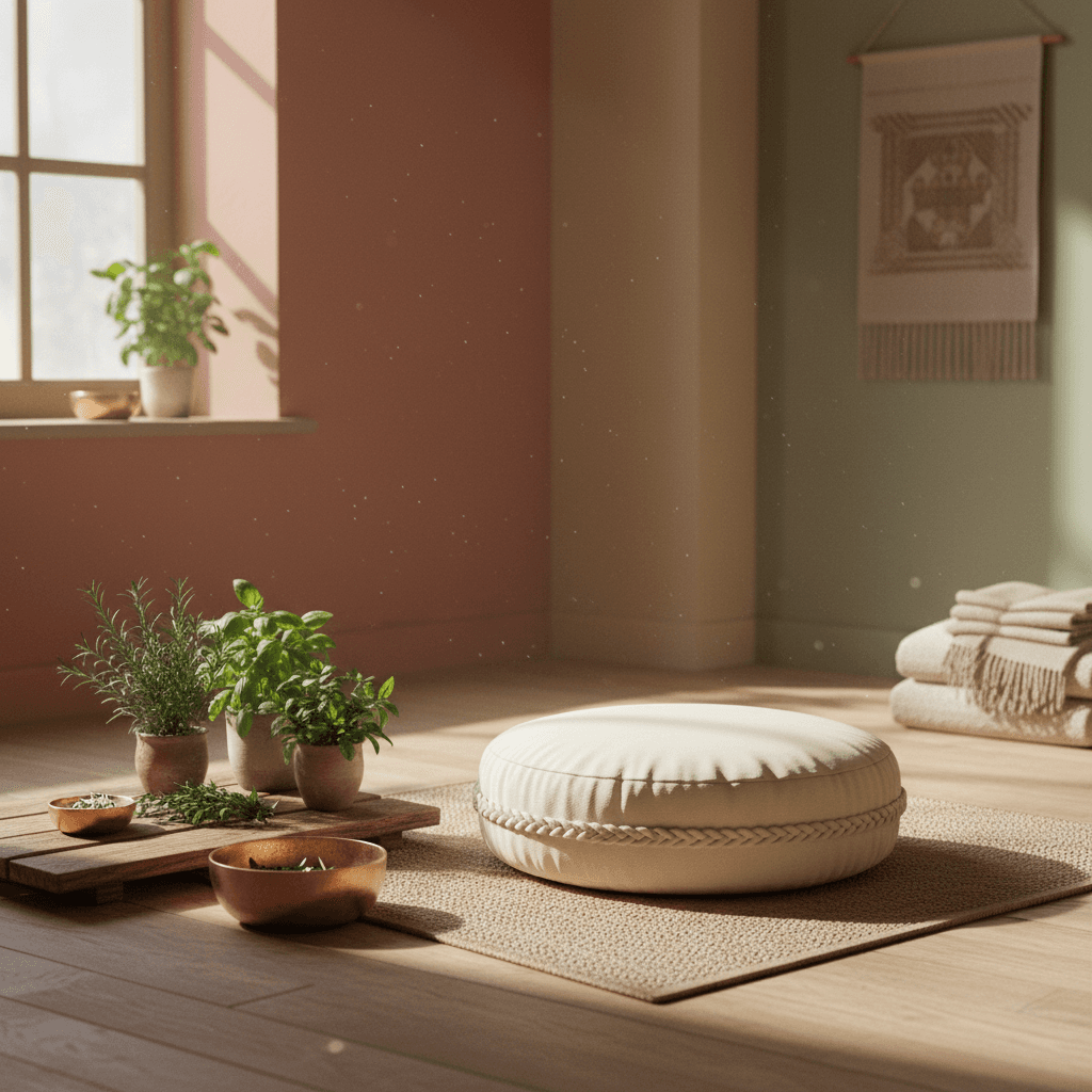 Calm wellness room with herbs, copper bowls, and meditation cushion