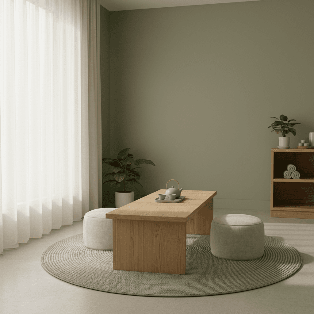 Quiet editorial aesthetic wide shot of a minimal wellness studio in the Pacific Northwest with a low wooden table, two meditation stools, and soft morning light streaming through sheer curtains, muted sage and cream tones, no text