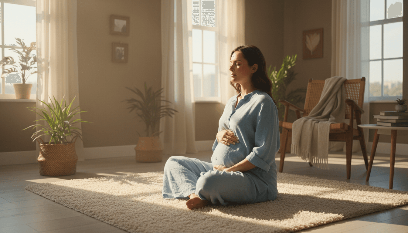 Pregnant woman sitting peacefully in meditation at home