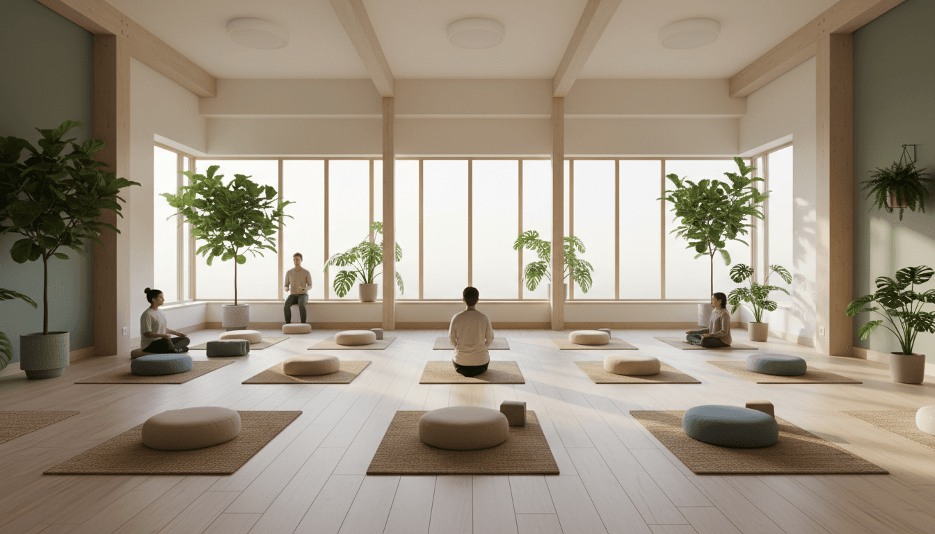 Meditation room with natural lighting and peaceful atmosphere