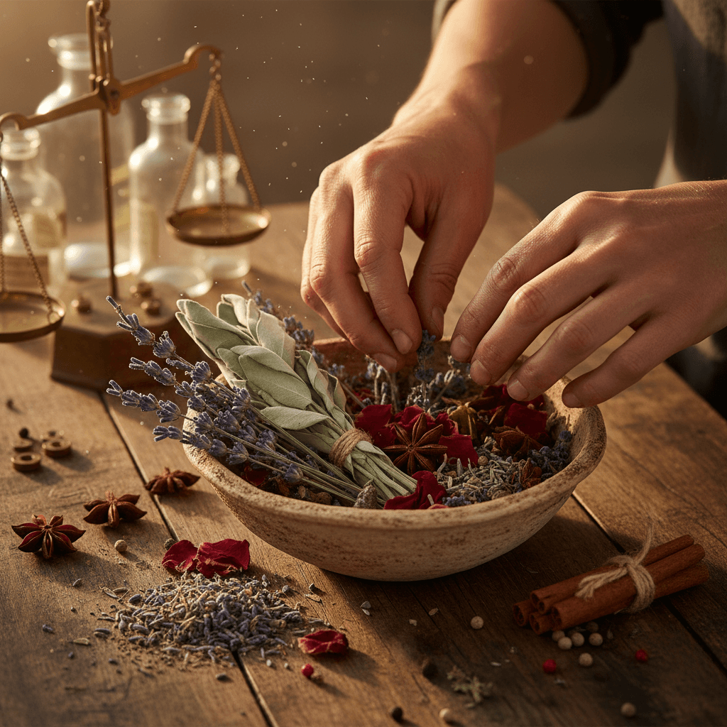 Close-up of hands holding a brass bowl of herbs in soft natural light